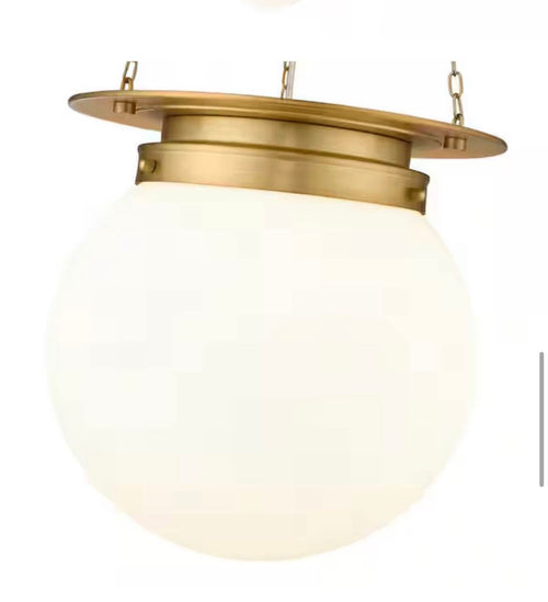 13 in. 1-Light Heritage Brass Pendant Light with White Opal Glass Shade