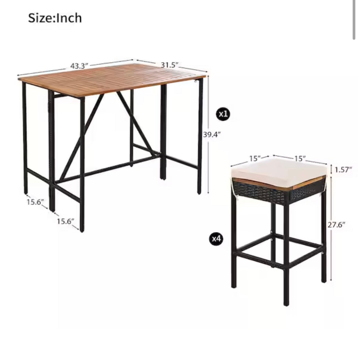 5-Piece Wood Outdoor Dining Set Bar