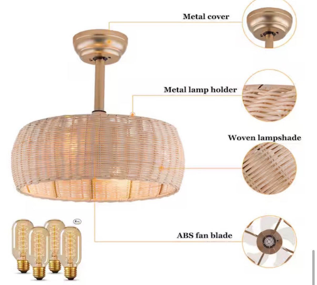 17.7 in. Indoor Natural and Gold Boho Rattan Caged Ceiling Fan