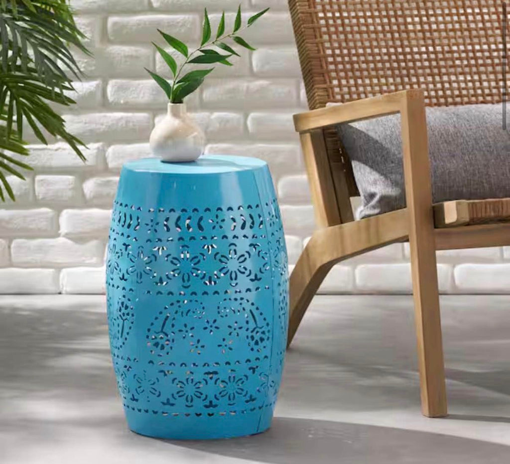 Marie Blue Round Metal Outdoor Patio Side Table