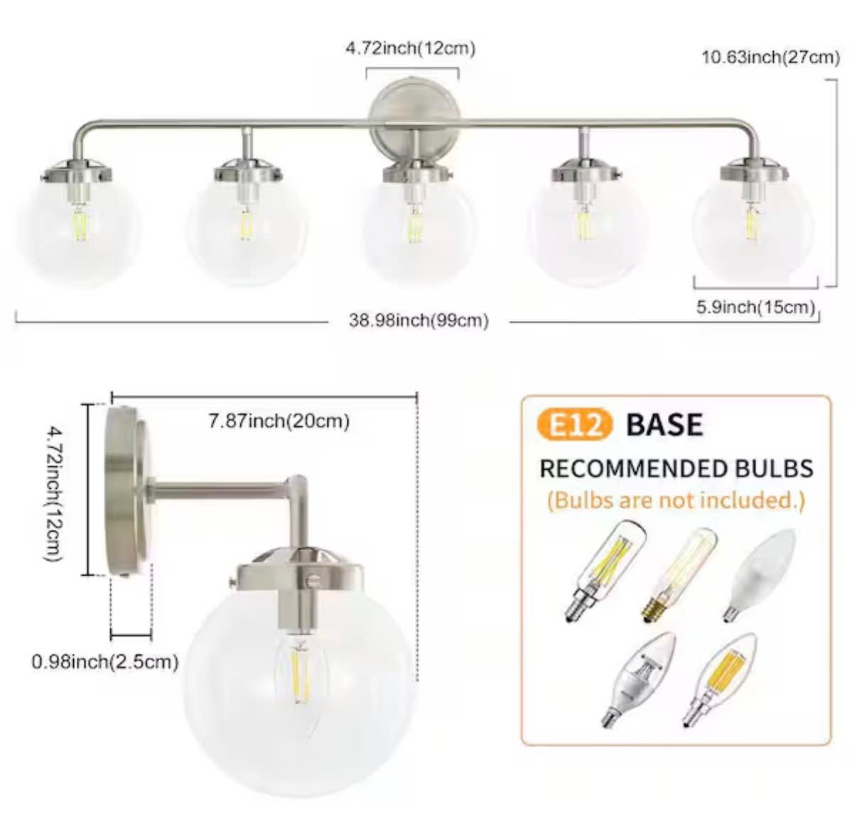 Modern 38.98 in. 5-Light Nickel Bathroom Vanity Light