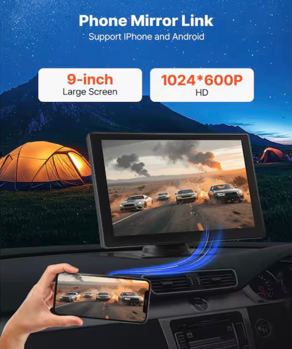 9-in. HD Portable Screen Wireless Car Stereo with rear camera for parking