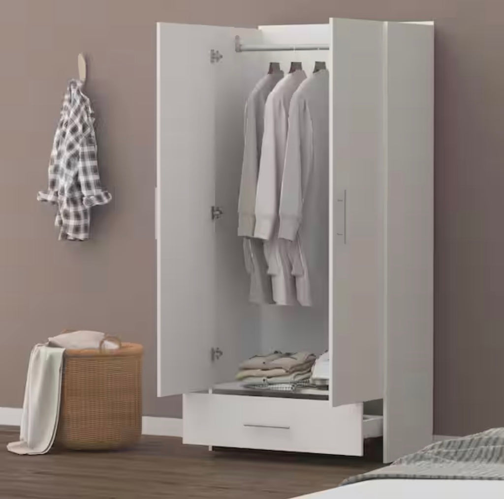 White 2-Door Wardrobe Armoire with 1-Drawers and Hanging Rod