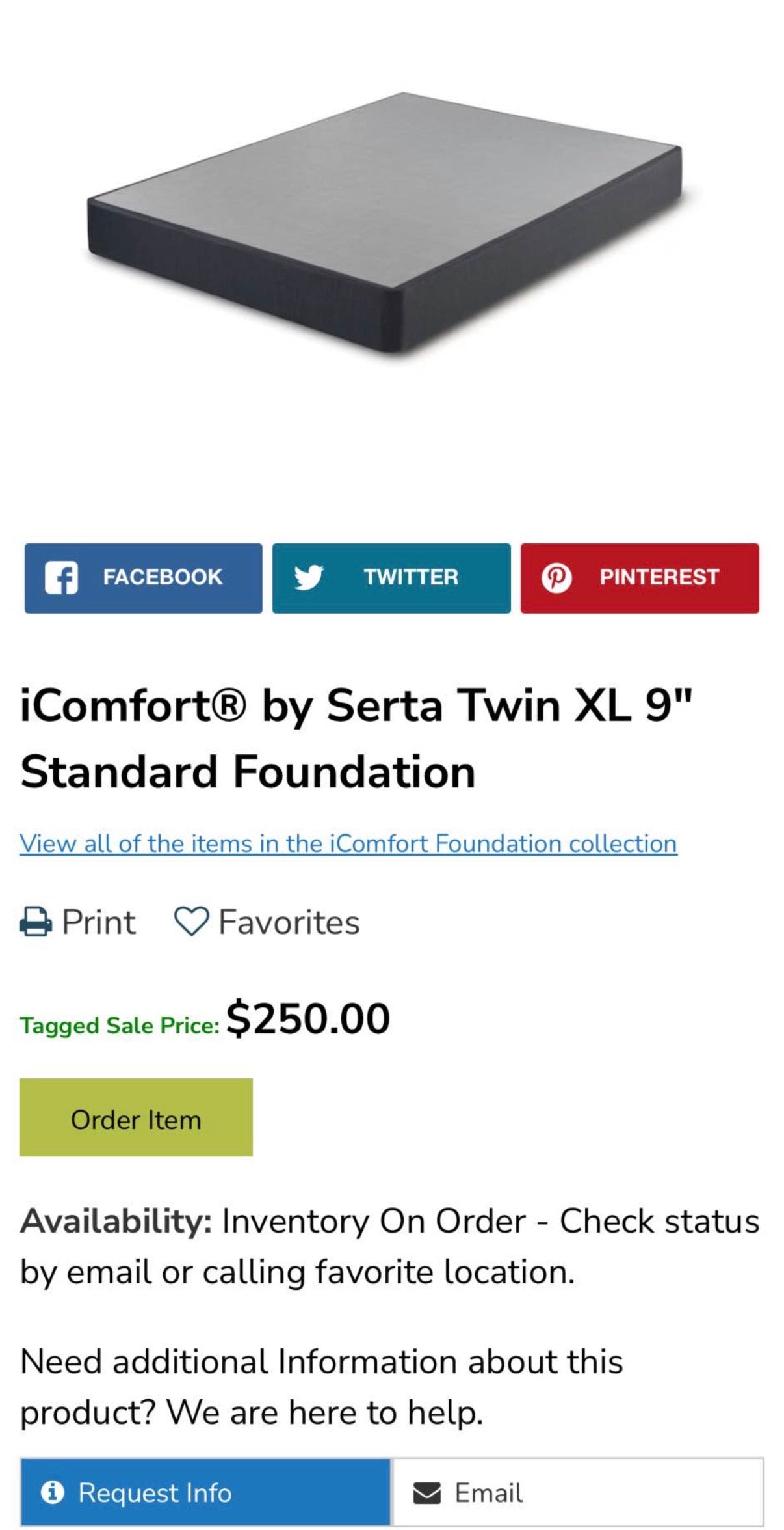 iComfort Serta Twin XL 9" Standard Foundation
