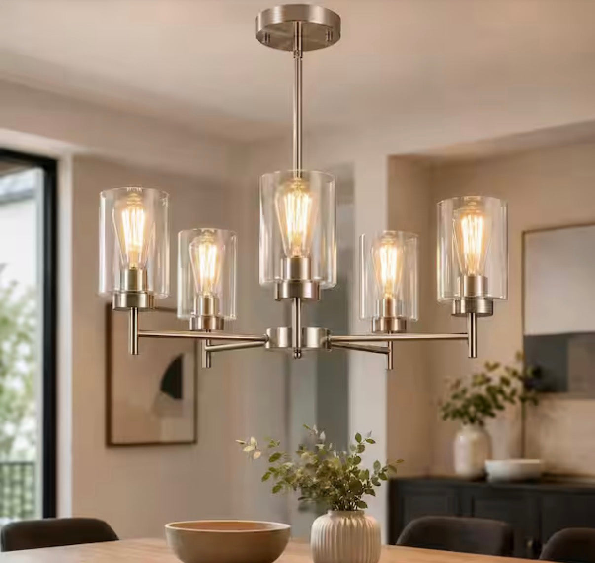 5-Light Brushed Nickel Chandelier with Clear Glass Shades
