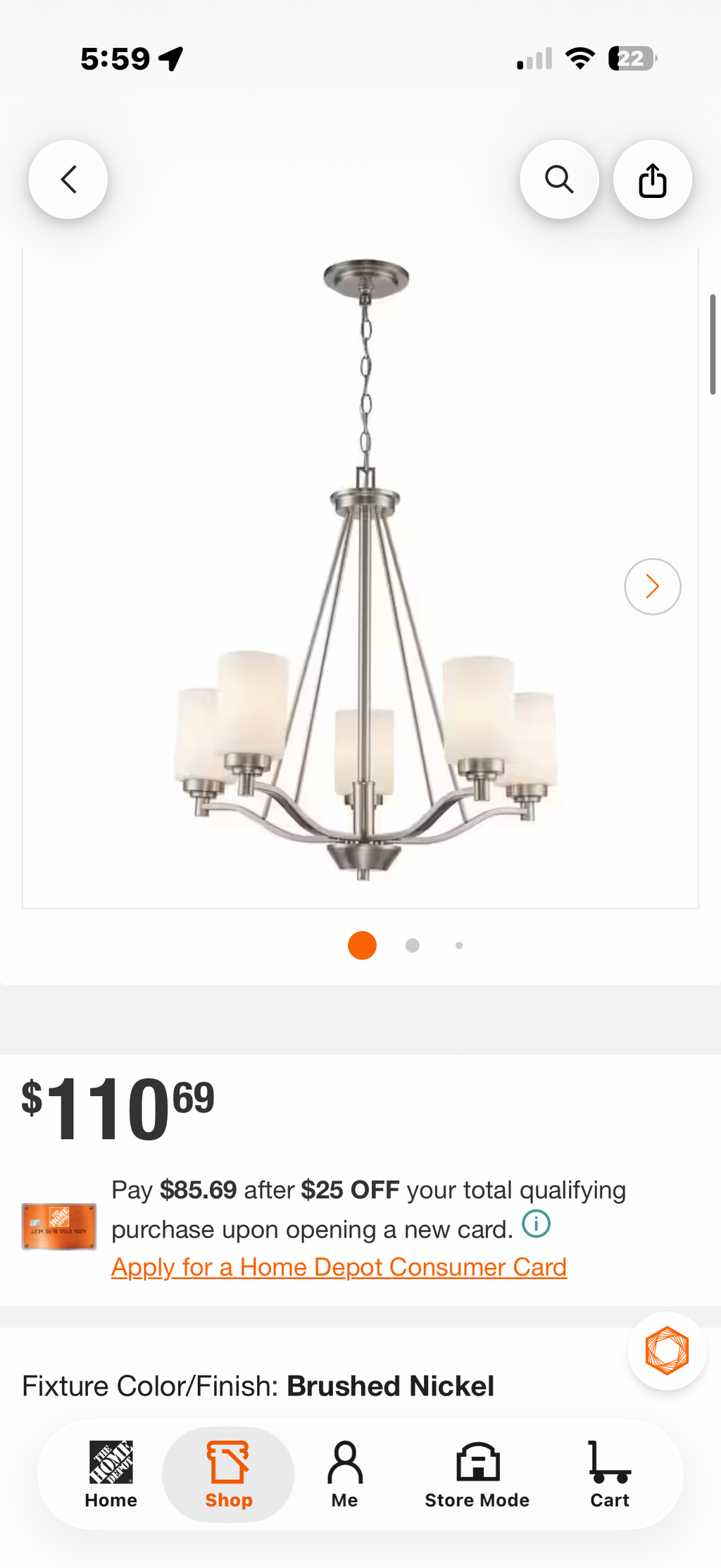 5-Light Brushed Nickel Candle Chandelier Light Fixture
