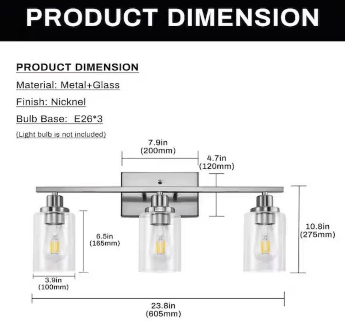 24 in. 3-Light Industrial Brushed Nickel Vanity Light