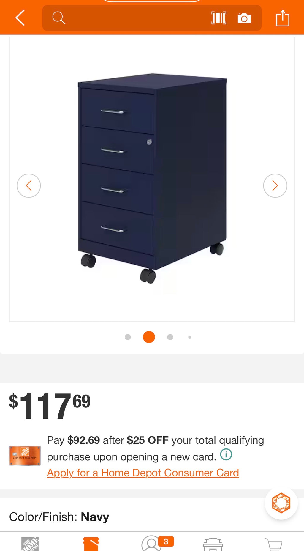 Navy Blue 4-Drawer Mobile File Cabinet