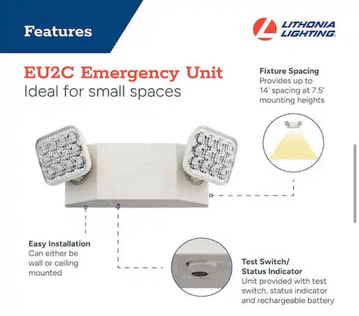 Integrated LED White Emergency Light Fixture with Battery