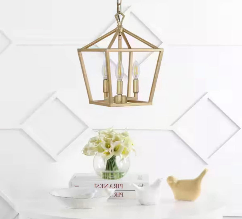10 in. 3-Light Iron Classic Modern Lantern LED Brass Gold Pendant