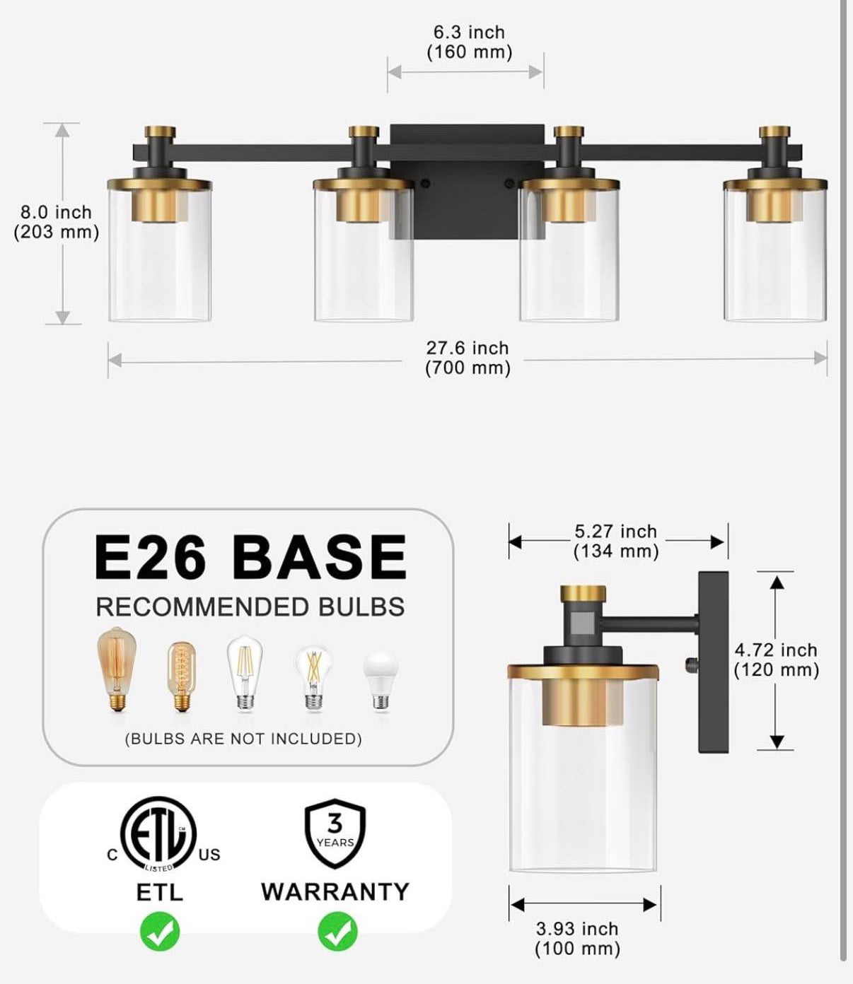 Black and Gold 4 Light Bathroom Vanity Light