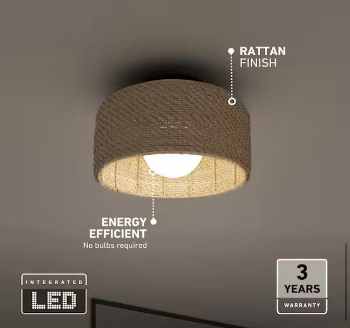Integrated LED Rattan Flush Mount Ceiling Light