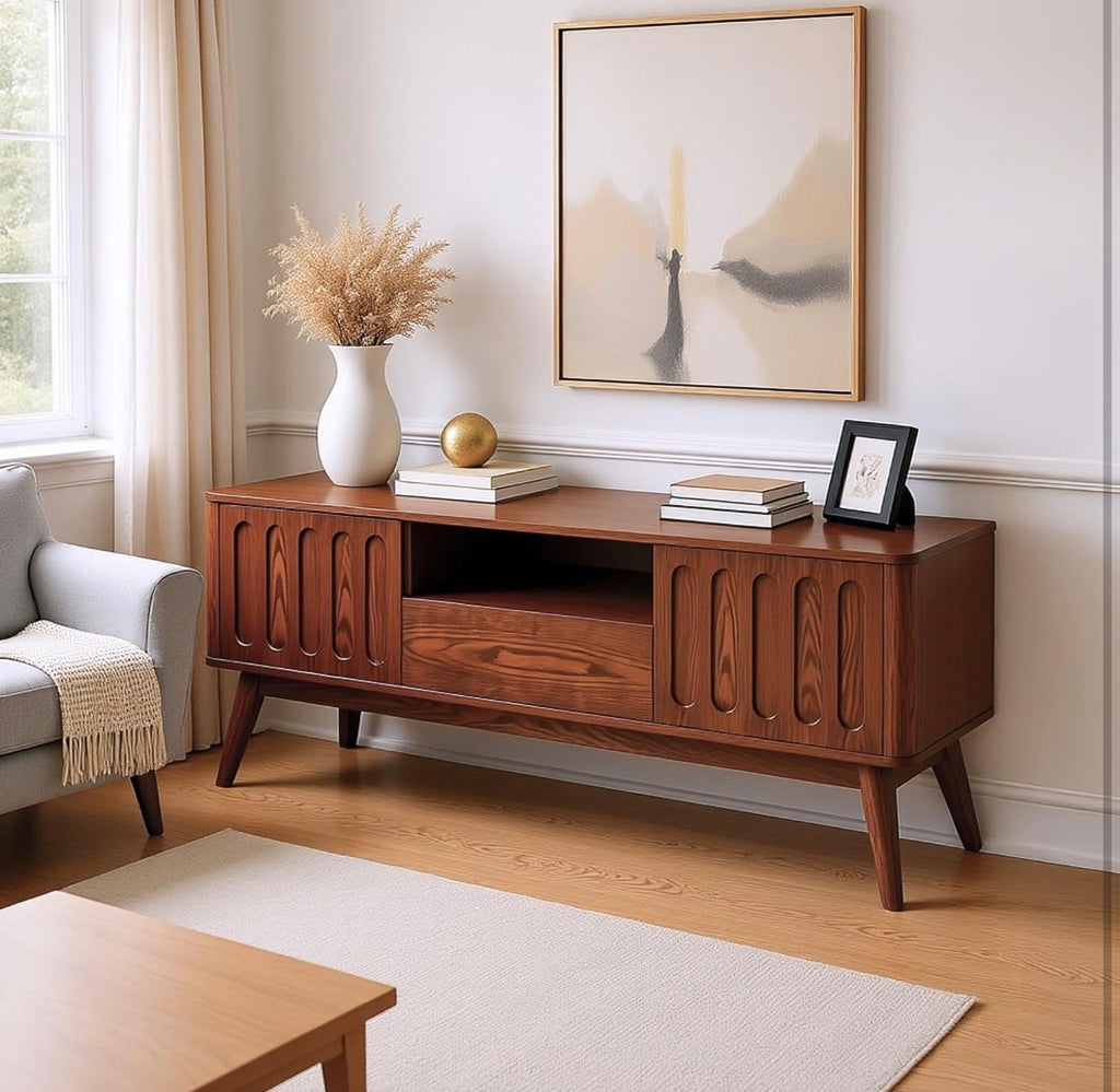 Mid Century Modern TV Stand Fluted Design with Storage Cabinet and Drawer