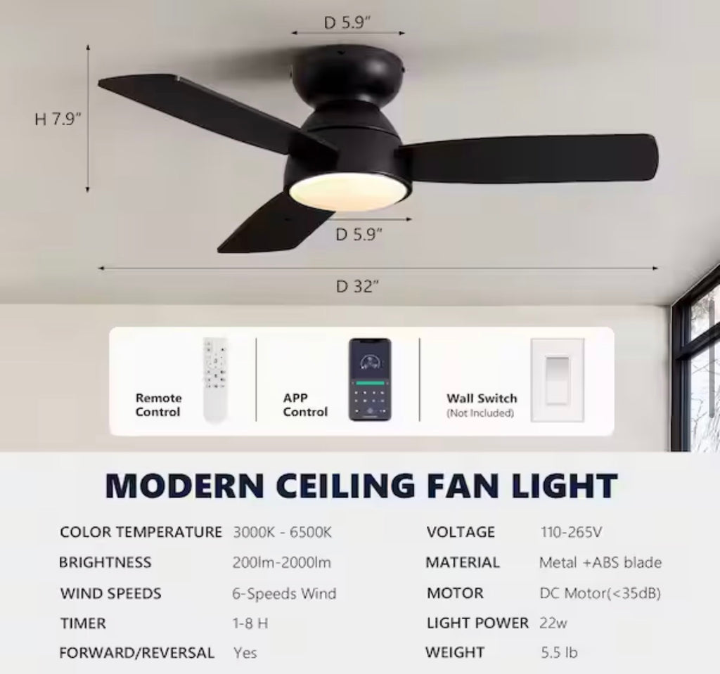32 in. Integrated LED Smart Modern Flush Mount Ceiling Fan