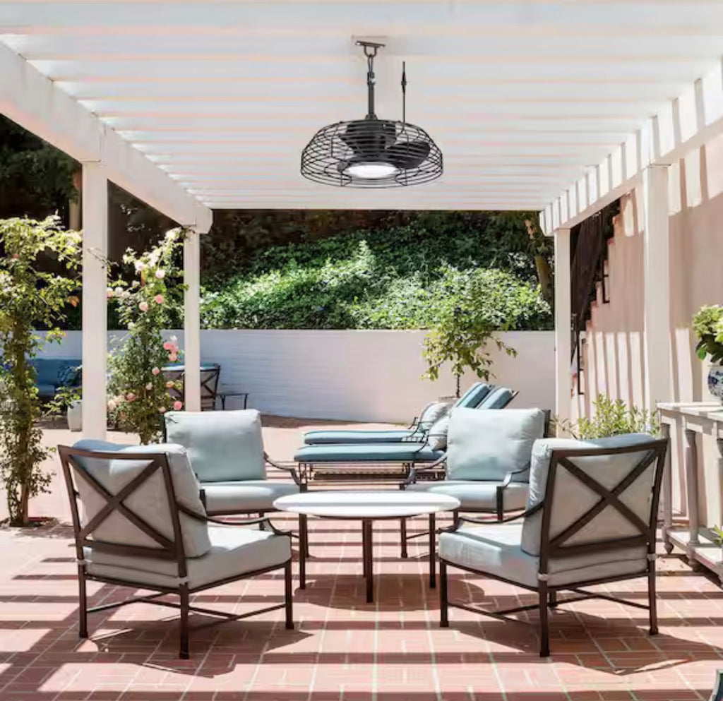 19 in. Outdoor Black Caged Ceiling Fan with LED Light (used)