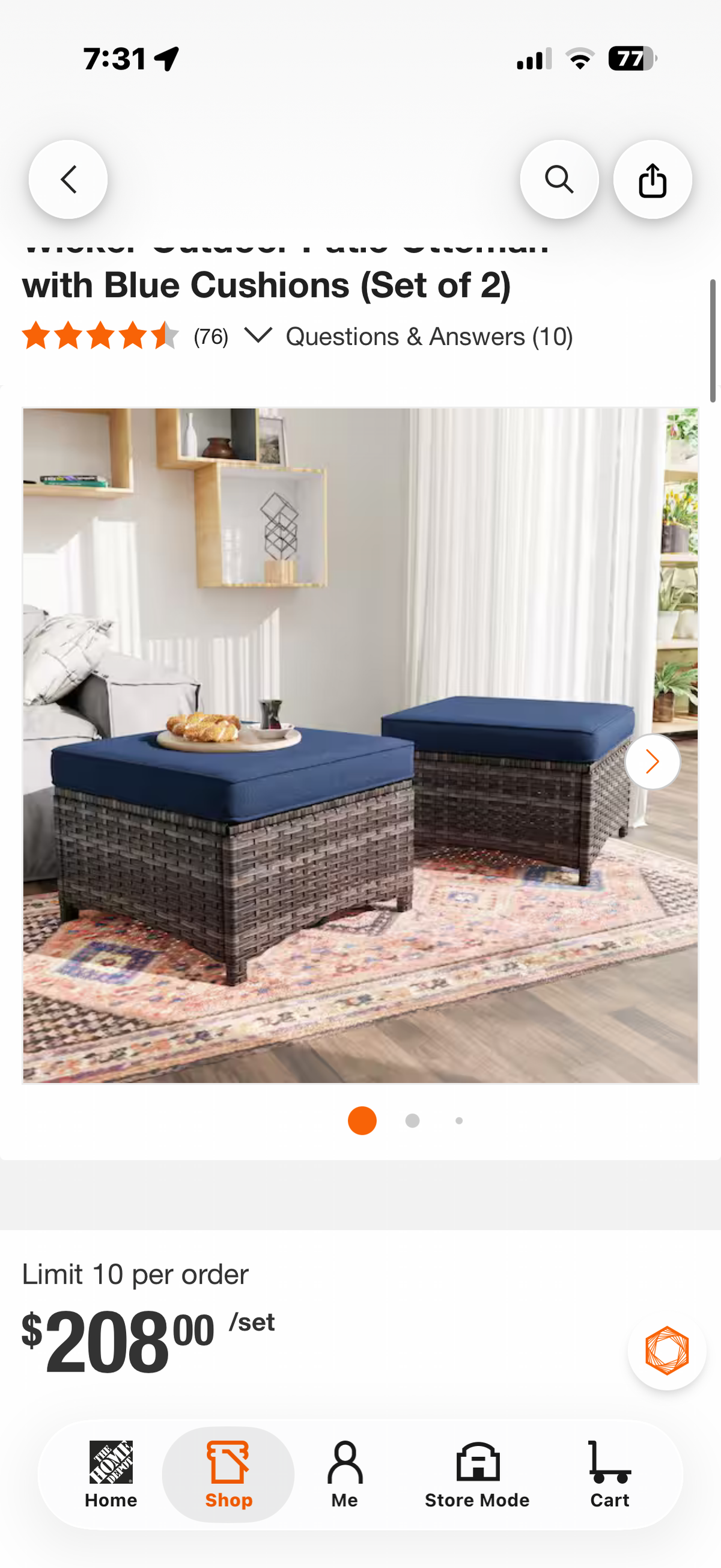 Wicker Outdoor Patio Ottoman with Blue Cushions (Set of 2)