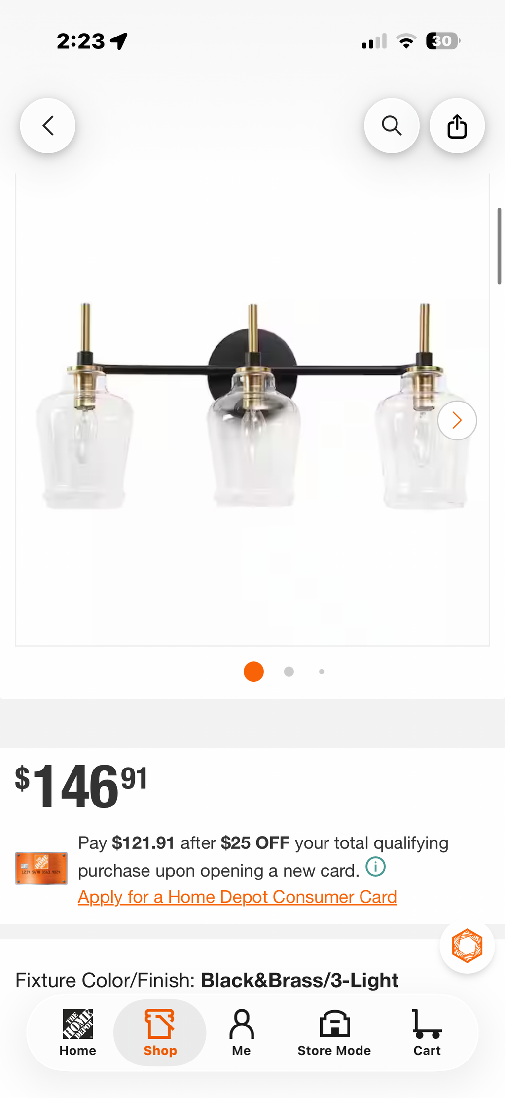 3-Light Brass and Black Bathroom Vanity Light
