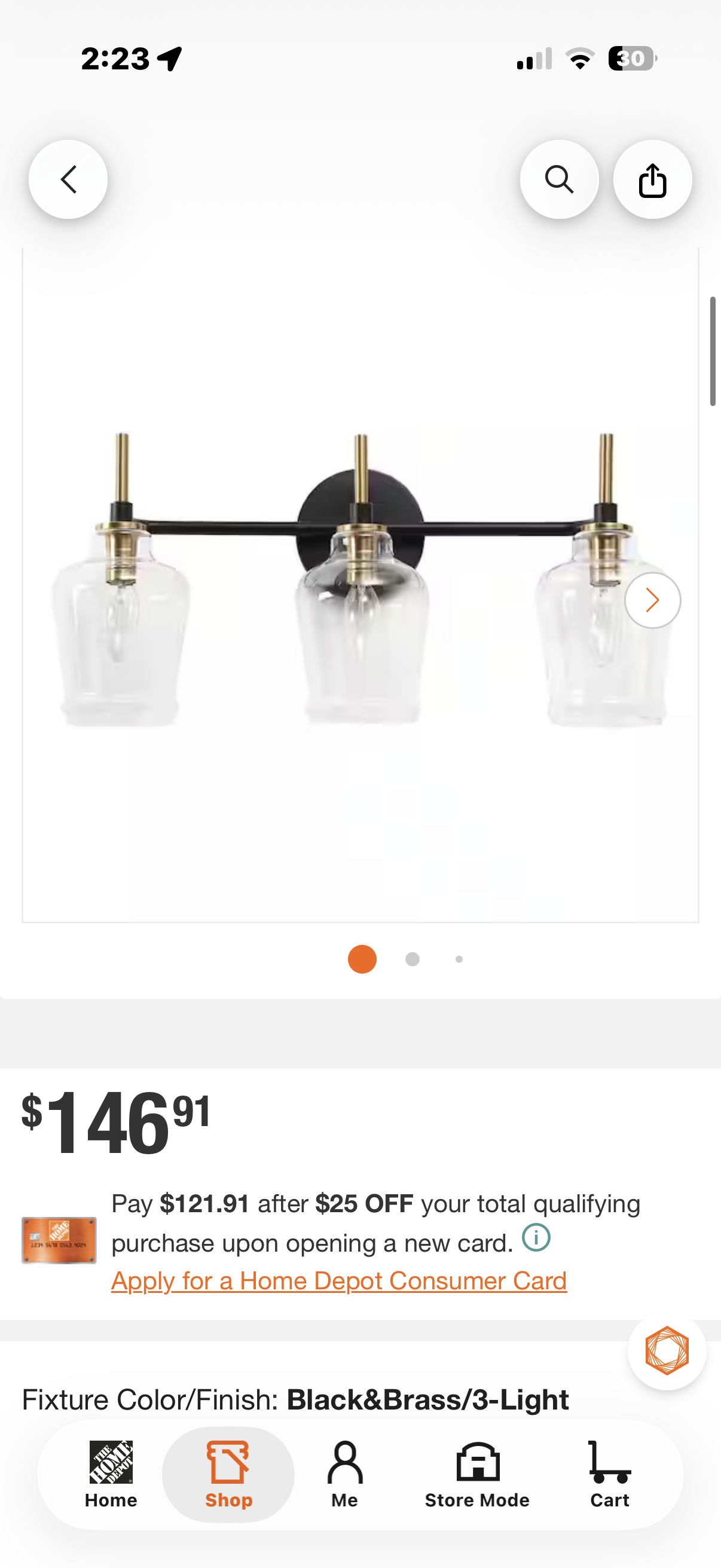 3-Light Brass and Black Bathroom Vanity Light