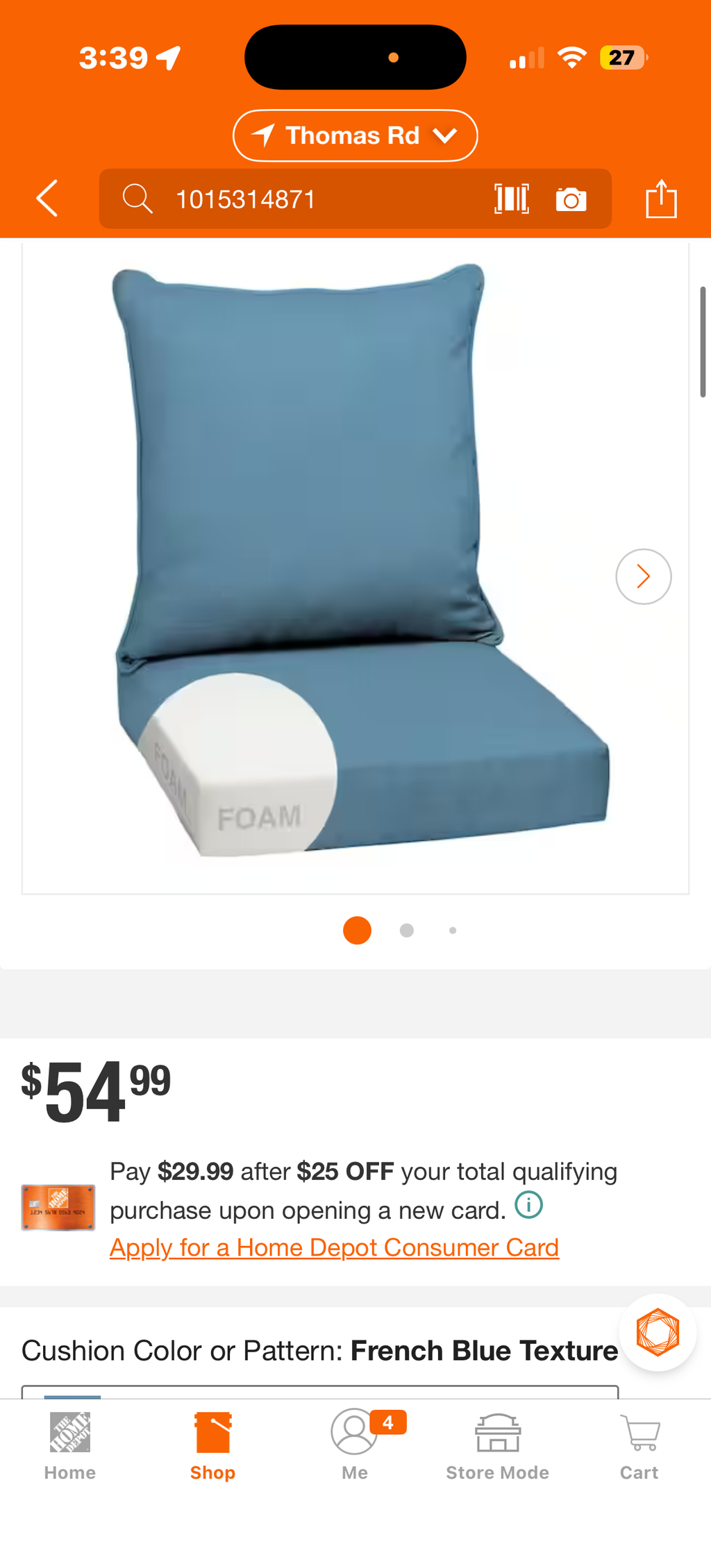 24 in. x 24 in. Outdoor  Chair Cushion in French Blue Texture
