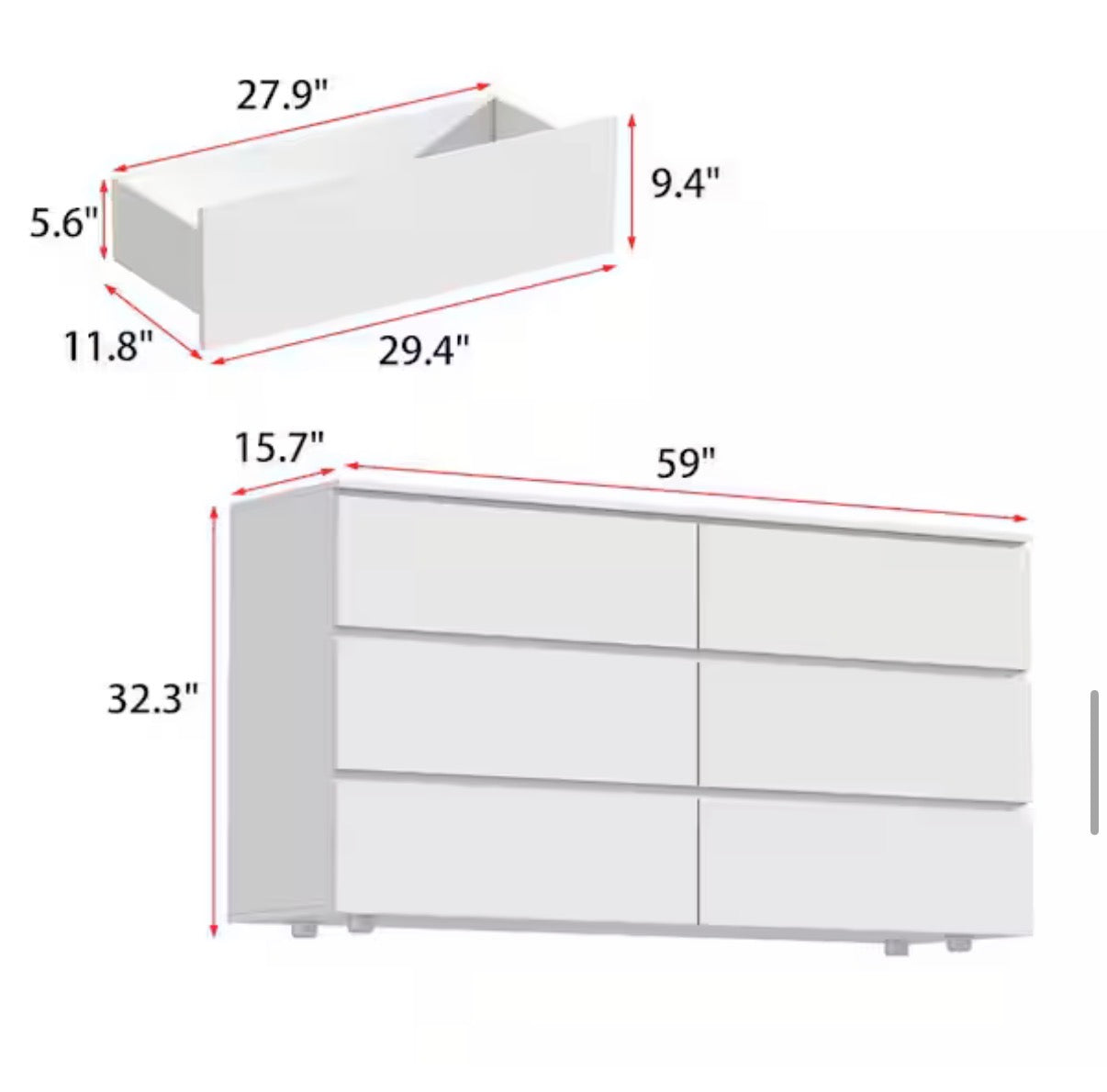 6-Drawers White Wood 59 in. W Dresser