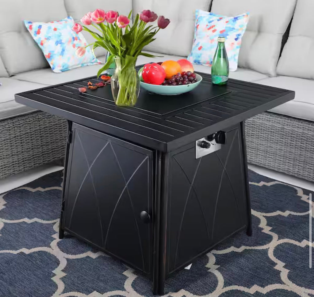 Fire Pit Table with Lid and Blue Fire Glass