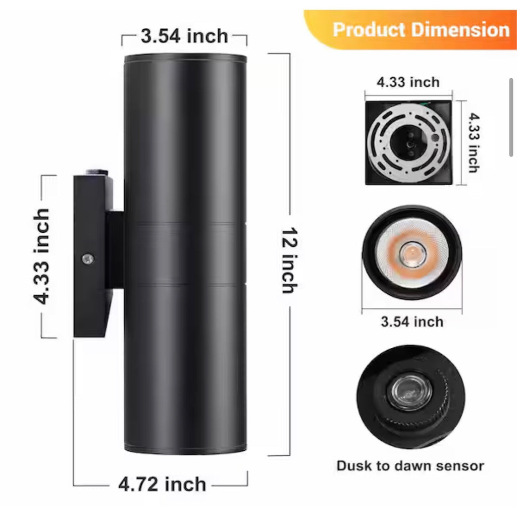 LED Black Dusk to Dawn Outdoor Cylinder Wall Lantern Sconce