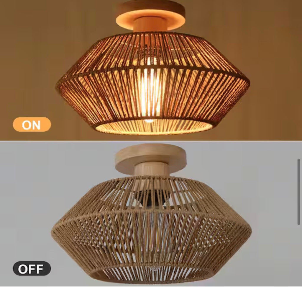 1-Light Bohemian Rattan Semi Flush Mount Ceiling Light