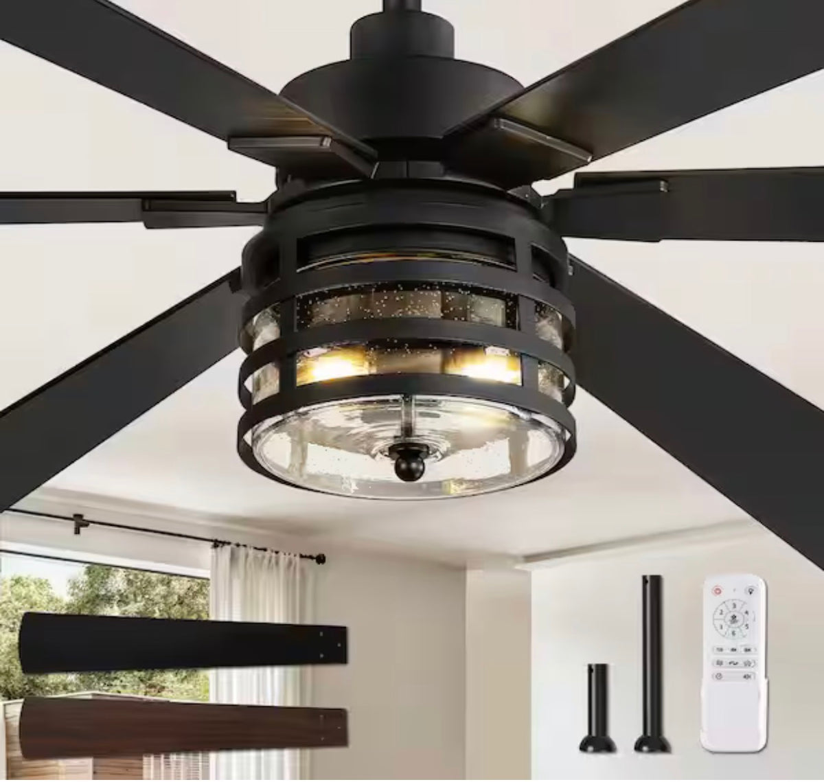65 in. Indoor  Large Ceiling Fan (missing  decorative glass )