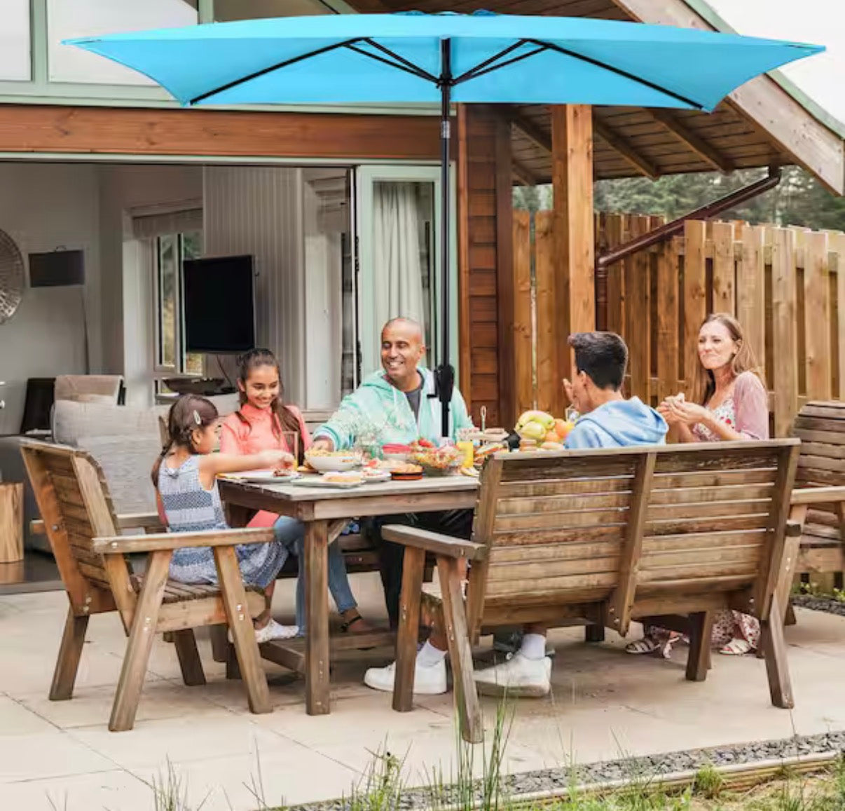6.6 ft. x 9.8 ft. Rectangular Steel Market Patio Umbrella in Aqua