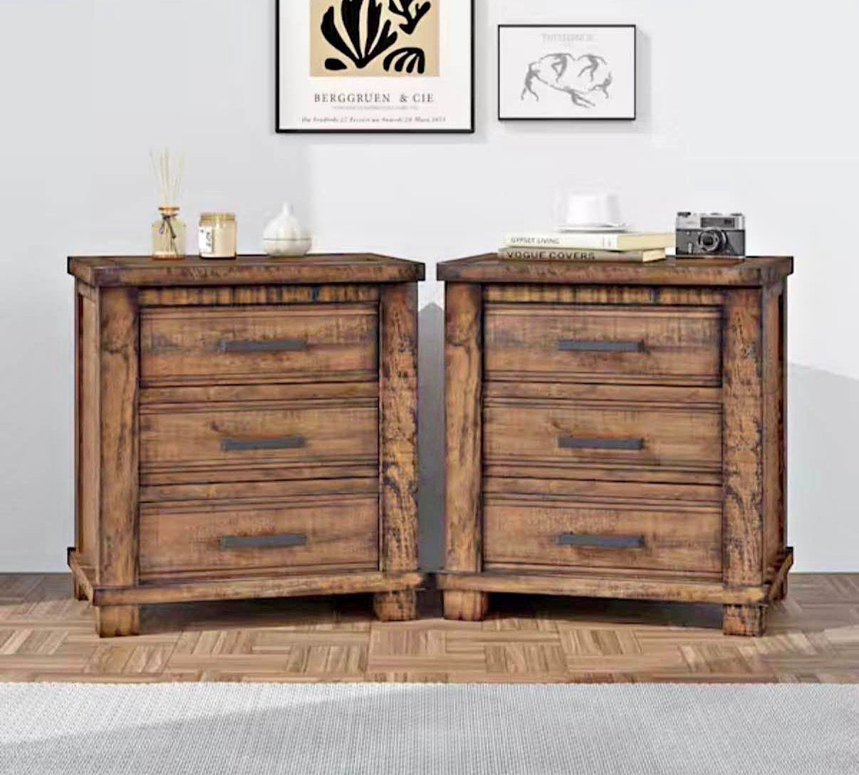 Rustic 3-Drawer Reclaimed Solid Wood Farmhouse Nightstand Set of 2