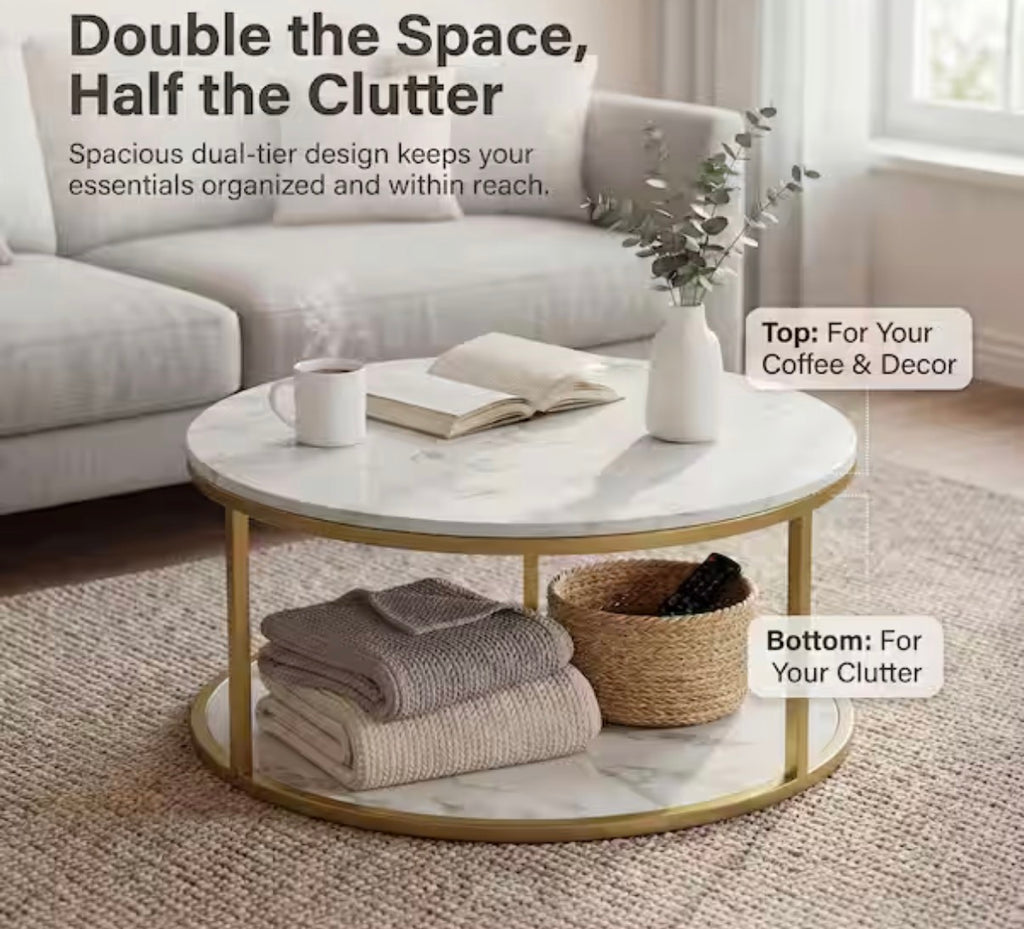 36 in. Black/White/Brown Round Wood Coffee Table with 2-Tier