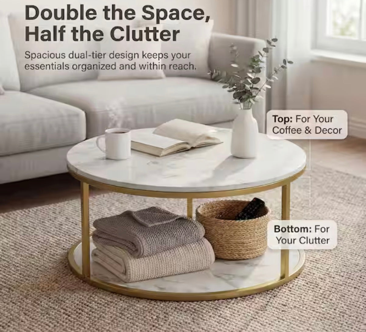 36 in. Black/White/Brown Round Wood Coffee Table with 2-Tier