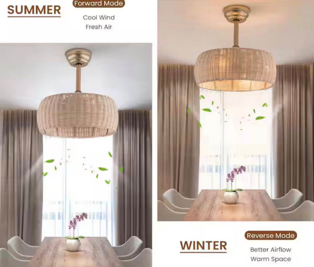 17.7 in. Indoor Natural and Gold Boho Rattan Caged Ceiling Fan