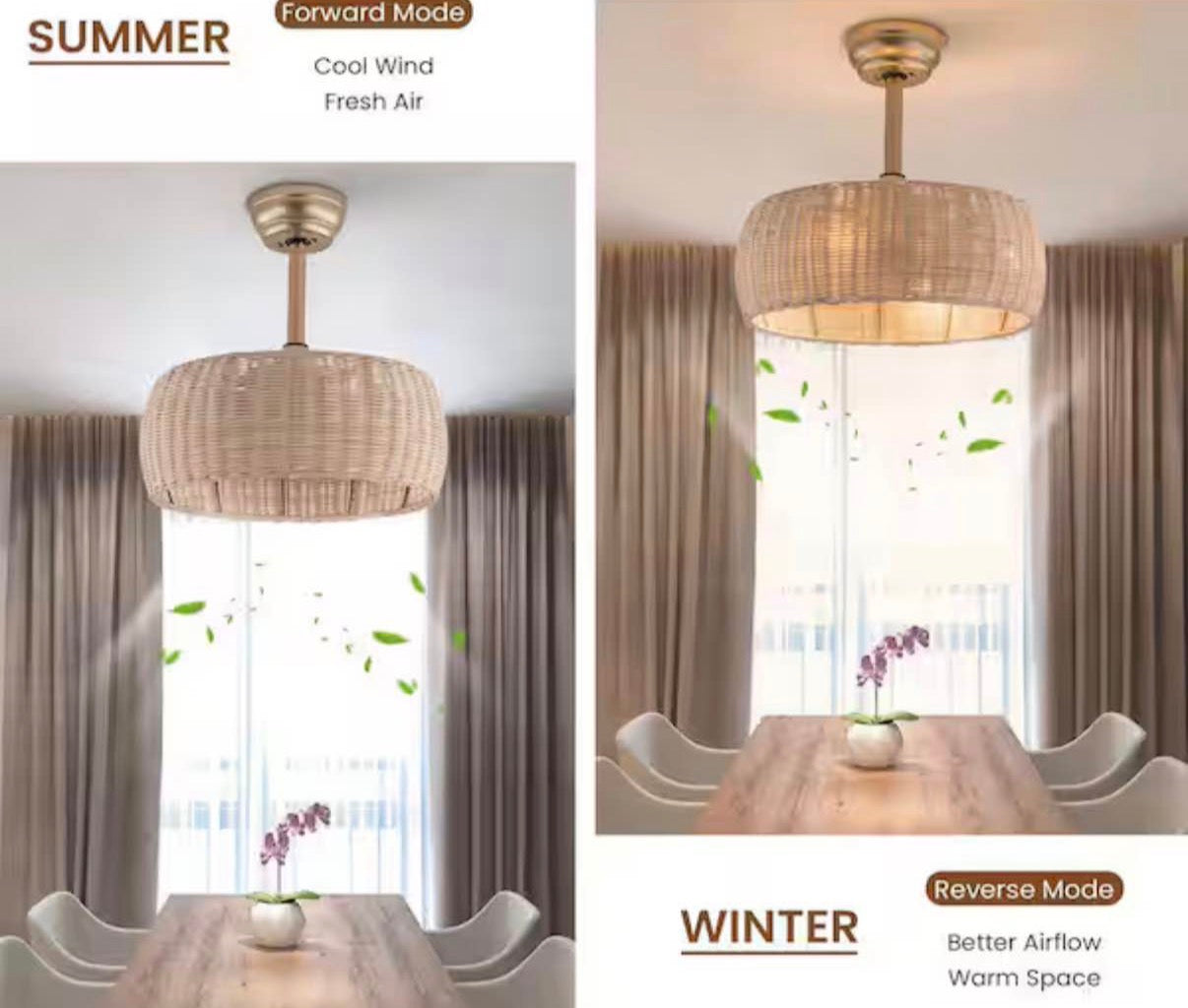 17.7 in. Indoor Natural and Gold Boho Rattan Caged Ceiling Fan