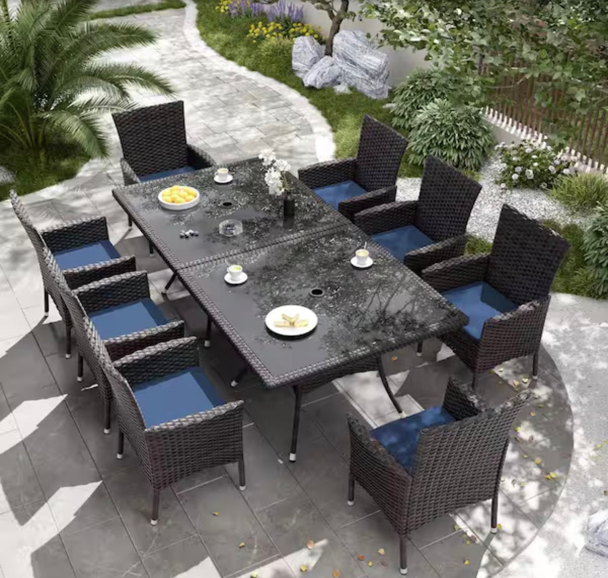 10-Piece Wicker Patio Outdoor Dining Set with Glass Tabletop