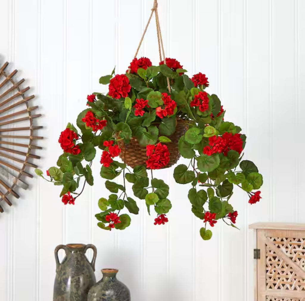 24 in. Artificial Geranium Silk Hanging Basket