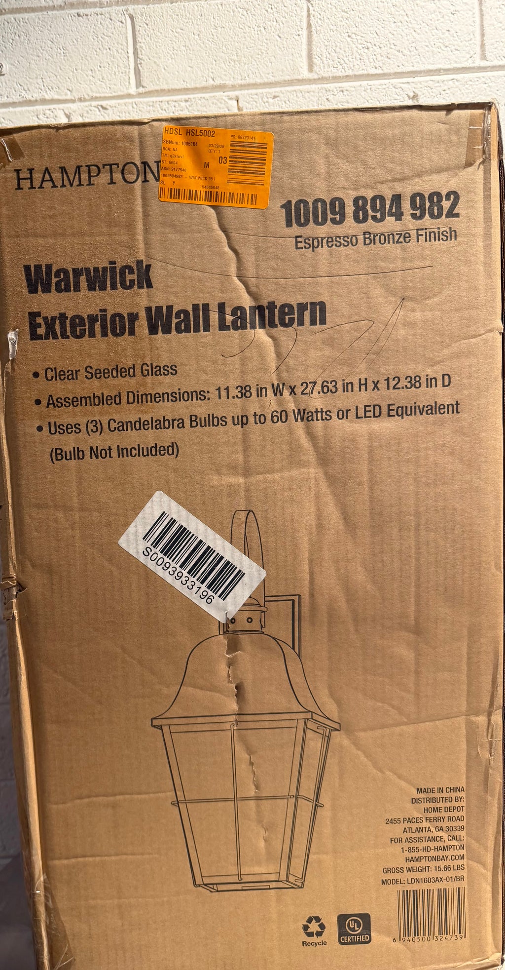 Warwick 28 in. Espresso Bronze Finish Hardwired Outdoor Wall Lantern