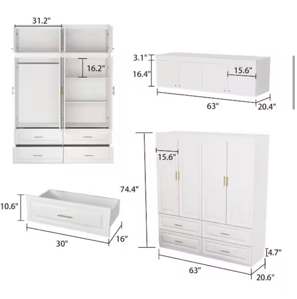White 8-Door Big Wardrobe Armoires with Hanging Rod