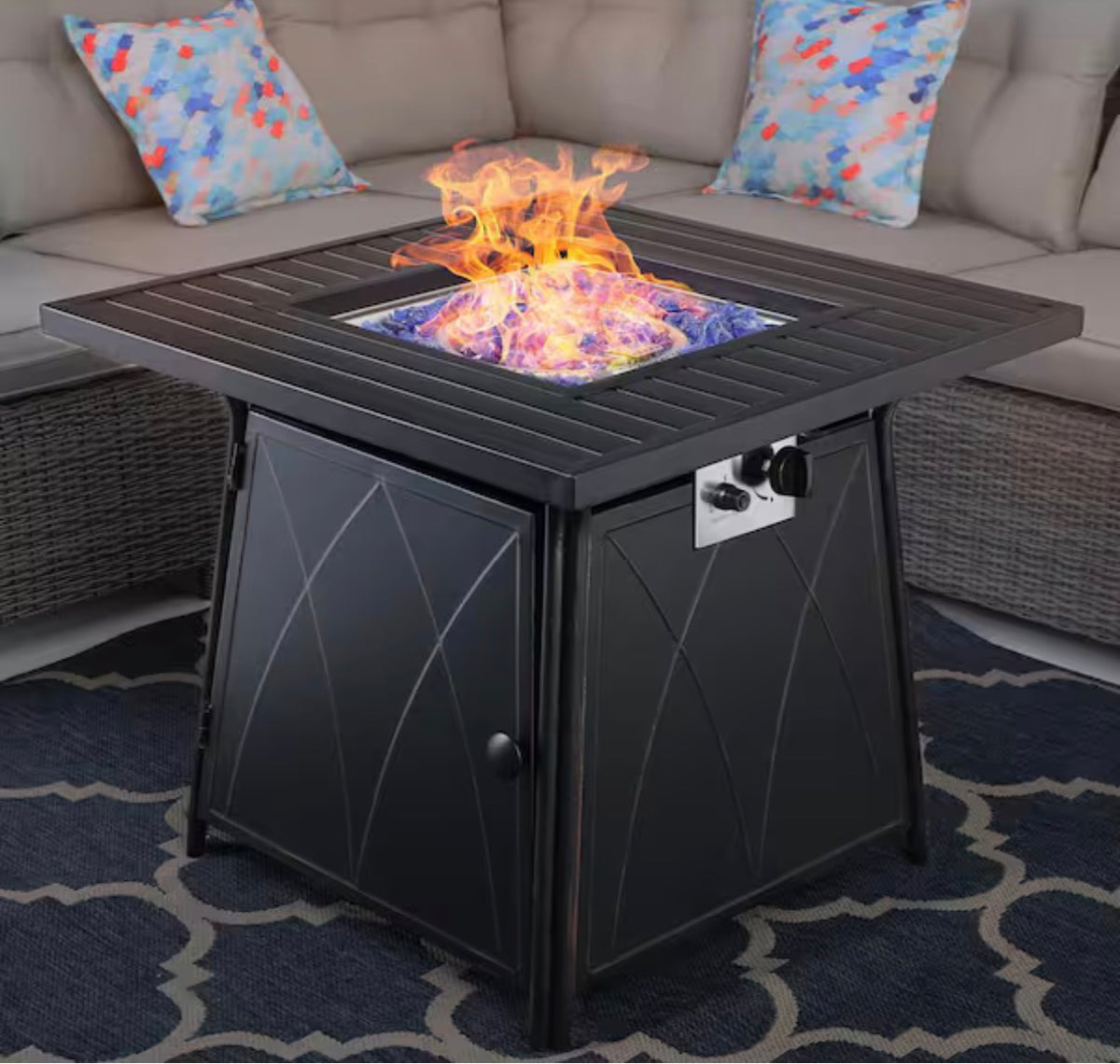 Fire Pit Table with Lid and Blue Fire Glass