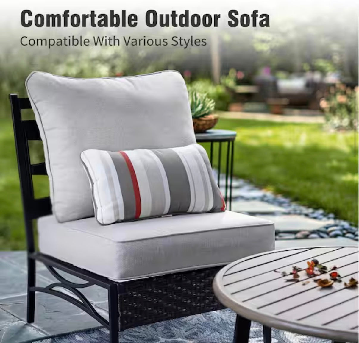 Black 6-Piece Metal Outdoor Sectional with Beige Cushions