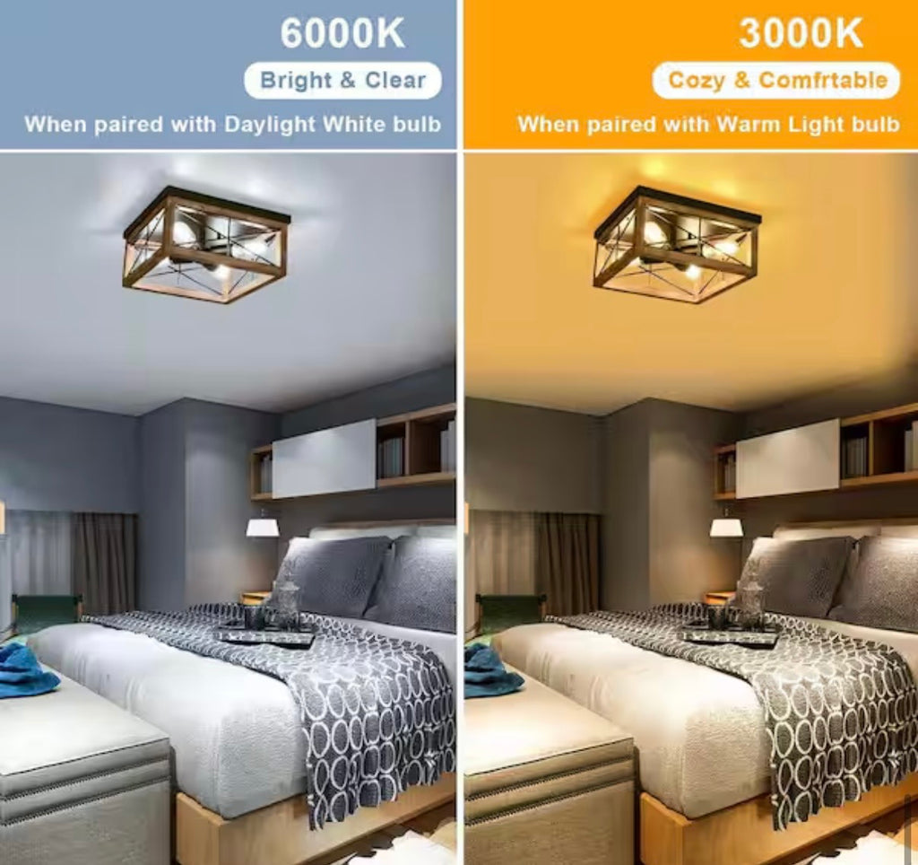 12.6 in. 4-Light Black Wooden LED Flush Mount Ceiling Lights