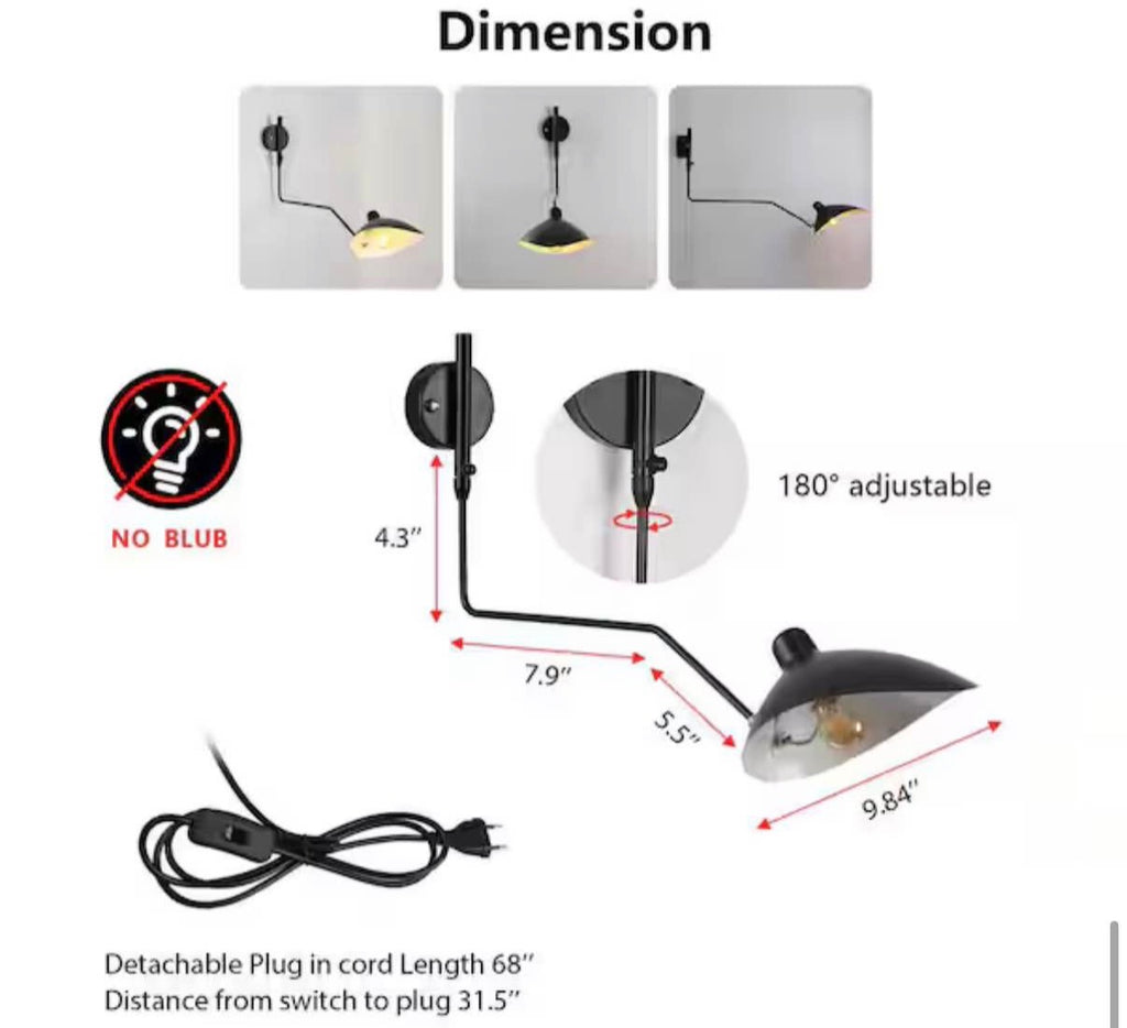 Modern 9.8 in. 1-Light Plug in Wall Sconces with Black Swing Arm Shade