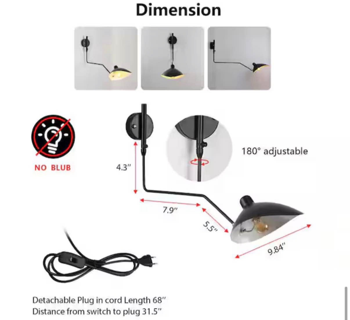 Modern 9.8 in. 1-Light Plug in Wall Sconces with Black Swing Arm Shade