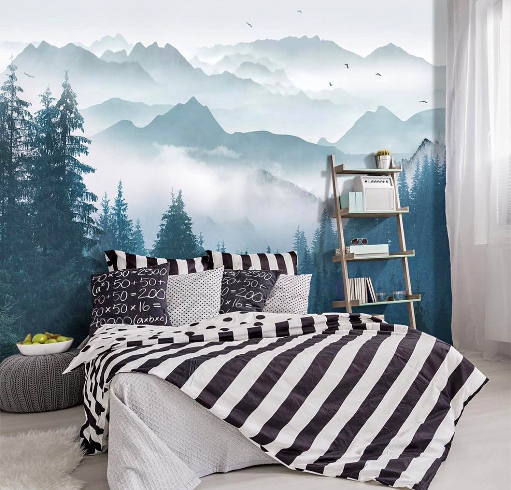 Foggy Forest Pine Scenery Fabric Wallpaper