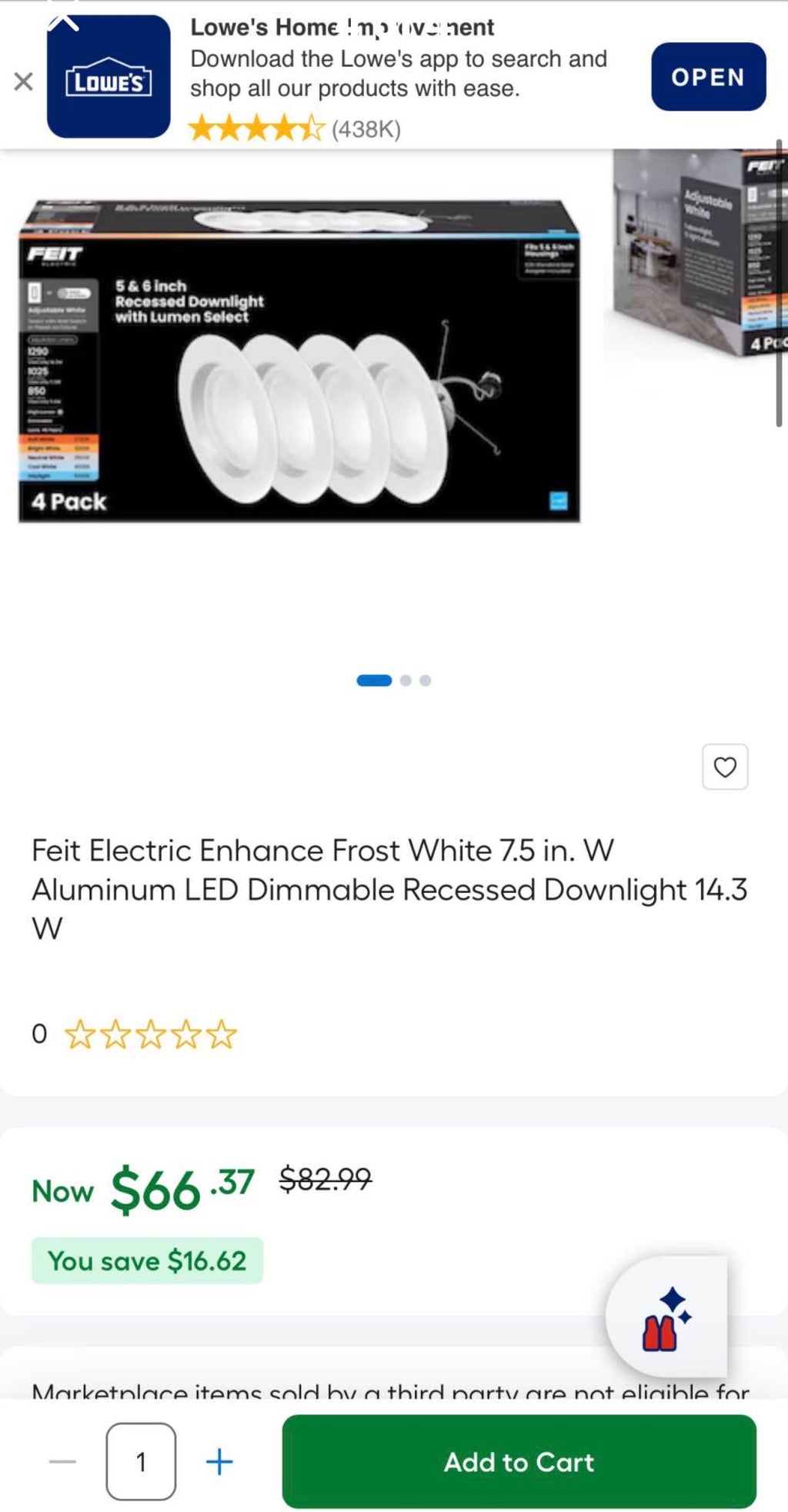 5/6 in. 1290 Lumens Recessed Light 4 pack
