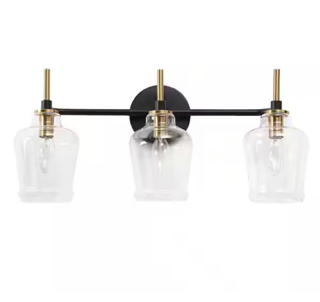 3-Light Brass and Black Bathroom Vanity Light