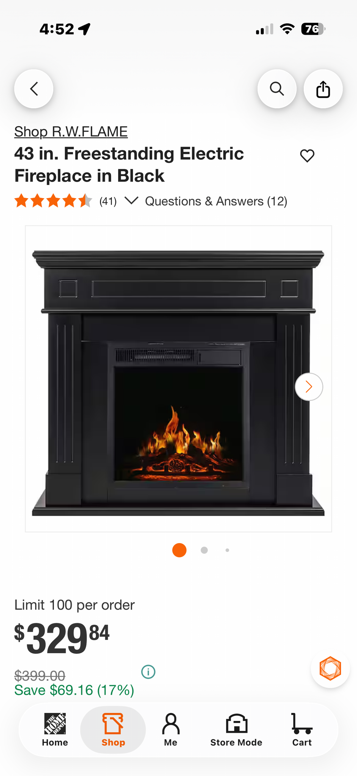 43 in. Freestanding Electric Fireplace in Black