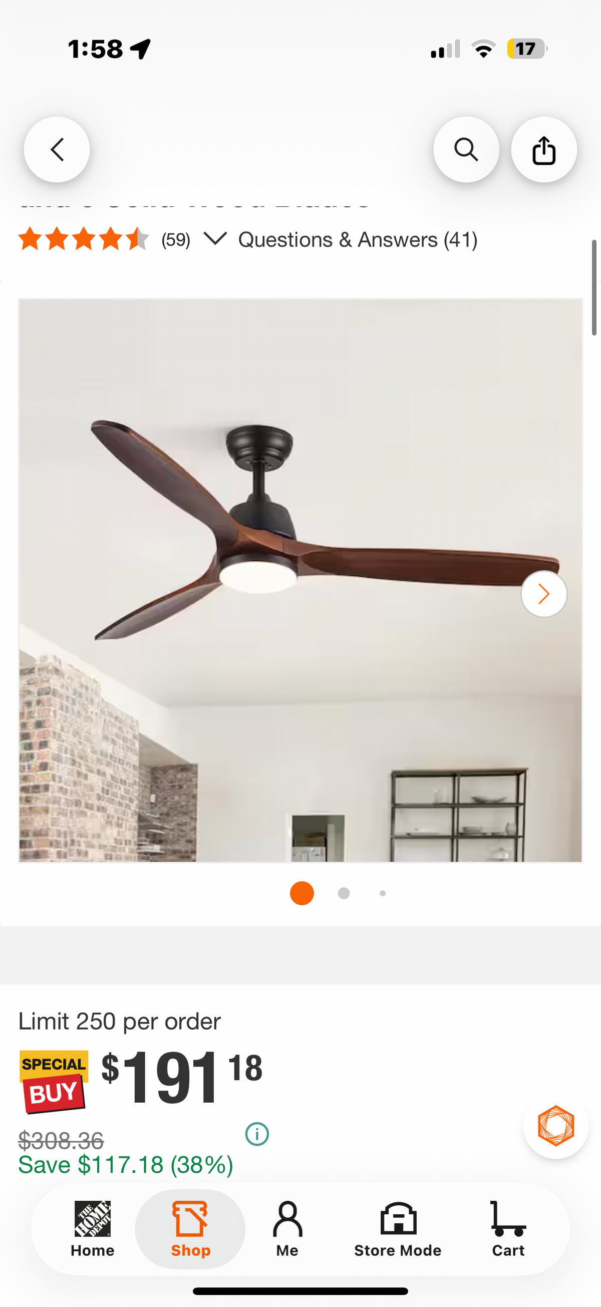 52 in. Solid Wood Blades ceiling fan