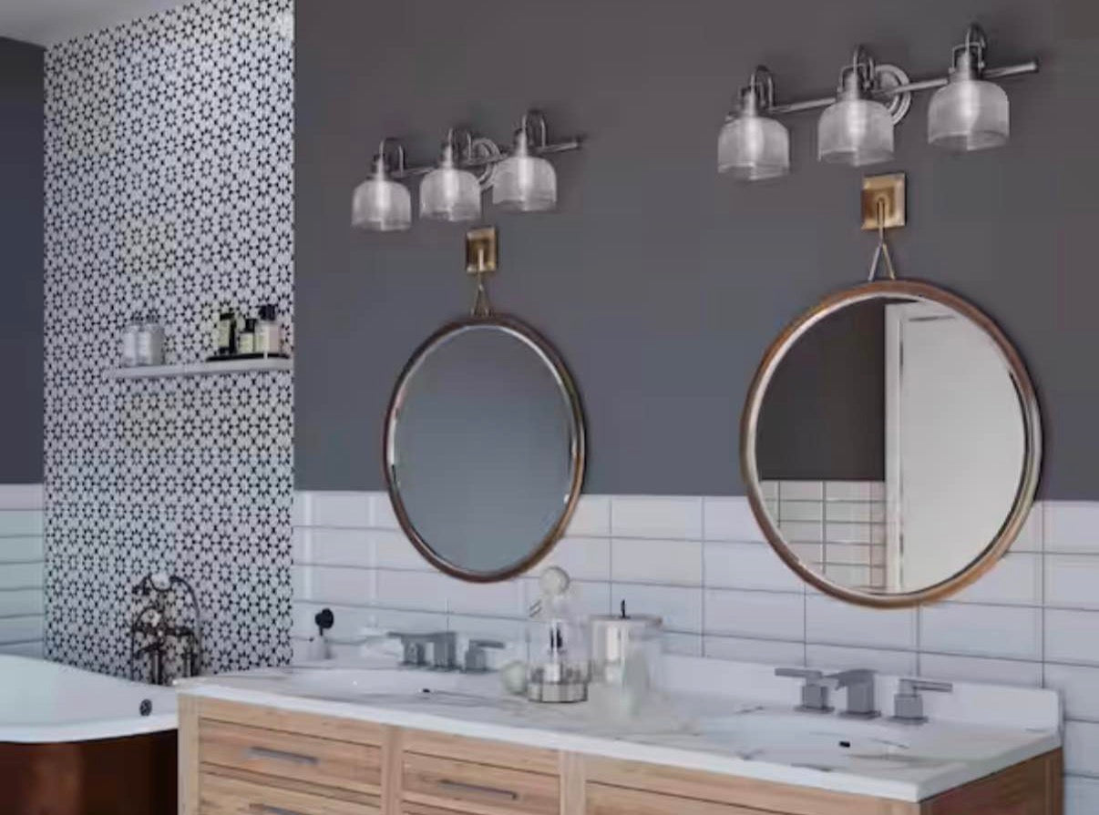 26 in. 3-Light Antique Nickel Double Prismatic Glass Vanity Light