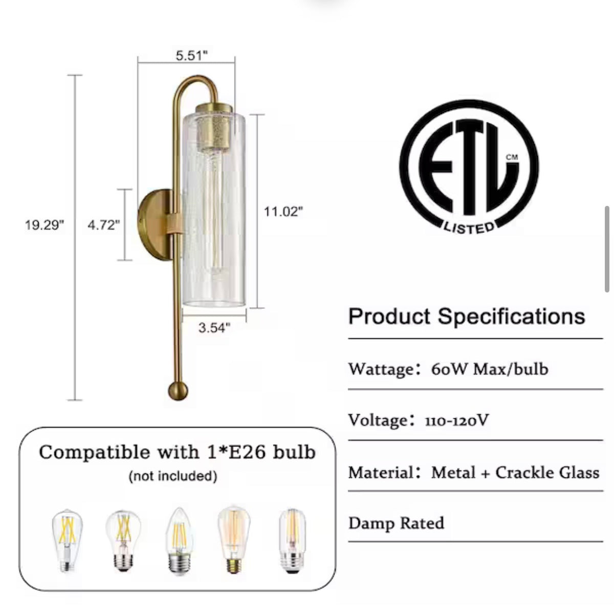 Miraletto 1-Light Cylinder Brushed Gold Wall Sconce